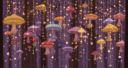 Magical mushrooms hang from twinkling strings in a dark forest
