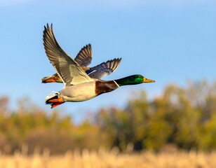 Obraz premium Two ducks in flight over a field