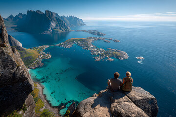 Couple family traveling together on cliff edge in Norway man and woman lifestyle concept summer vacations outdoor aerial view Lofoten islands Reinebringen mountain top