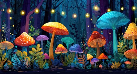 Fantasy forest with vibrant mushrooms
