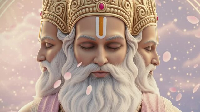 A serene closeup of Lord Brahma&rsquo;s meditative face glowing with divine tranquility and celestial radiance.