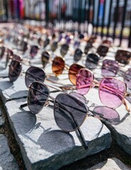 Colorful sunglasses displayed outdoors