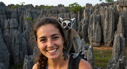 Obraz premium Smiling woman with ring-tailed lemur on her shoulder in Madagascar. Tourist enjoying wildlife encounter at Tsingy de Bemaraha National Park. Adventure travel and ecotourism concept