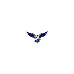 Flying raptor with spread wings, talons extended, navy blue on white
