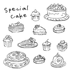 手描き風のケーキの線画イラストセット デコレーションケーキ/カップケーキ/ロールケーキ/ショートケーキ/スイーツ