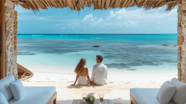 Romantic Couple Enjoying Beachfront Retreat at Tropical Paradise with Blue Sky and Calm Ocean