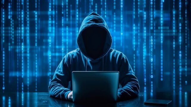 Mysterious Hacker in Dark Hoodie Using Laptop Surrounded by Digital Binary Code Background
