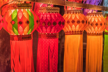 Fototapeta premium Colorful traditional and modern Lanterns, Akash kandil, decorative lamps, on the occasion of Diwali festival in Pune, India.