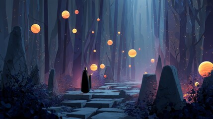 A cloaked figure walks across floating stone paths, conjuring glowing orbs that orbit like planets in a dark enchanted forest.