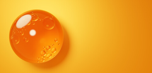3D Illustration.Orange liquid floating on a yellow background. Gel. Copy space.  (Horizontal)