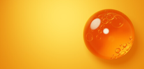 3D Illustration.Orange liquid floating on a yellow background. Gel. Copy space.  (Horizontal)