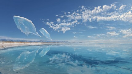 A crystal-clear lake reflects an endless sky, while massive, translucent creatures glide beneath the surface, casting ripples of liquid light.