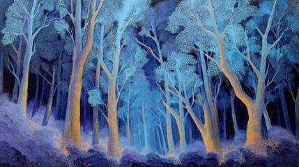 A forest of silver-leaved trees blooms only under full moons, releasing clouds of bioluminescent pollen that paint the night in soft neon. 