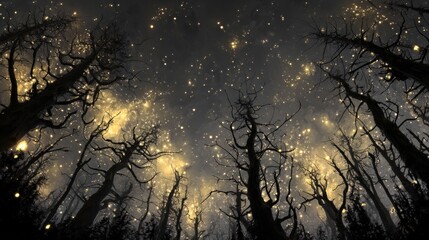 A forest under a darkened sky where twisted trees glow with faint light, and the stars above flicker like distant fireflies in the vast, empty cosmos. 