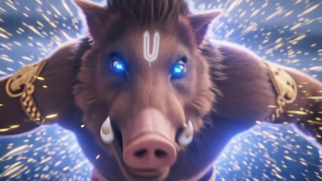 Varaha Avatar makes a dynamic cinematic turn against a glowing background, radiating divine power, motion, and cosmic energy.