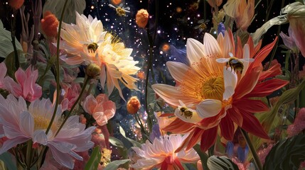 A garden blooms in the void of space, where flowers made of light and nebulae sway gently as celestial bees collect stardust pollen. 