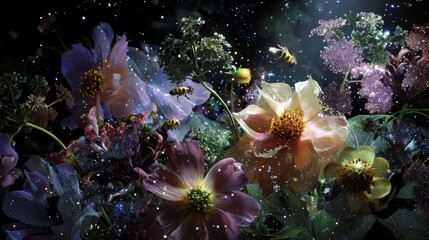 A garden blooms in the void of space, where flowers made of light and nebulae sway gently as celestial bees collect stardust pollen. 