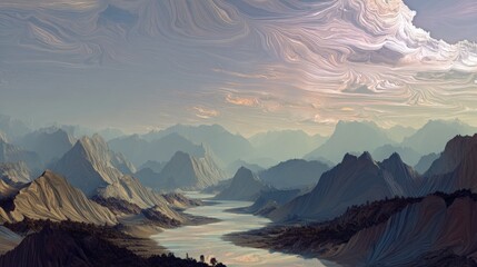 A landscape shaped by thought itself, where mental energy forms mountains, rivers, and skies that shift with the emotions of those who wander through it. 