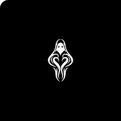 Stylized ghost figure in white with elaborate tails on black backdrop