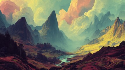 A landscape shaped by thought itself, where mental energy forms mountains, rivers, and skies that shift with the emotions of those who wander through it. 