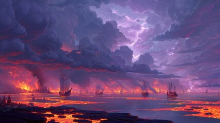 A sea of molten lava stretches to the horizon, where obsidian ships sail on fire-waves under storm clouds crackling with purple lightning. 