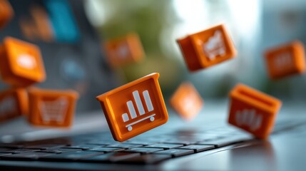 Digital marketing icons in a shopping cart online store graphic illustration modern workspace creative concept