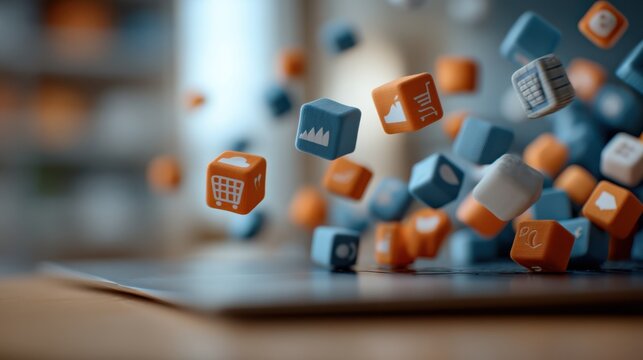 Digital marketing icons in a shopping cart a creative display of strategy and innovation in a modern office environment