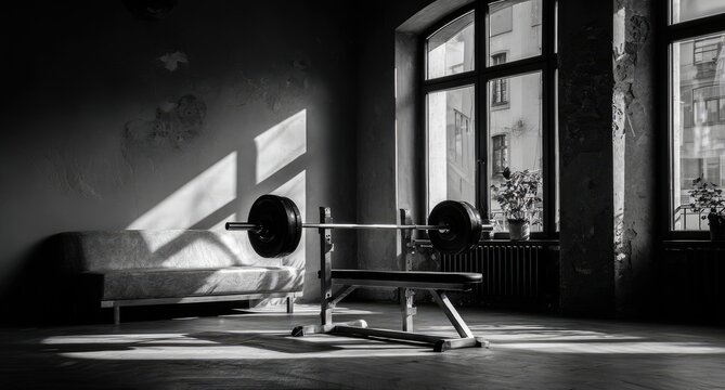 Empty gym with barbell and bench, sunlit - Powered by Adobe