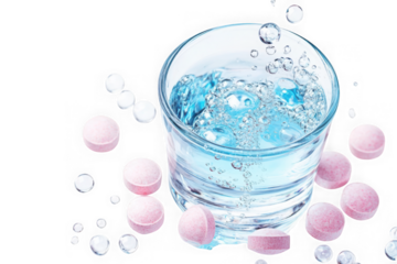 Pink effervescent tablets dissolving in clear blue water with bubbles glass