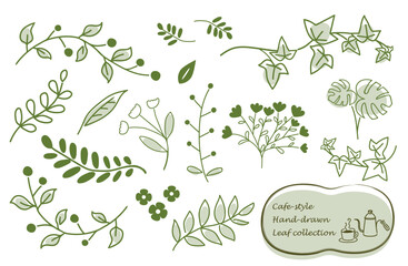 ナチュラルな手描きの観葉植物イラストセット　カフェ風