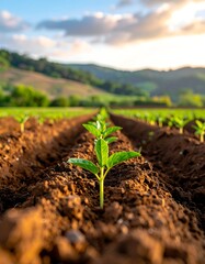 Young plants sprouting in a field, with rolling hills at sunset
