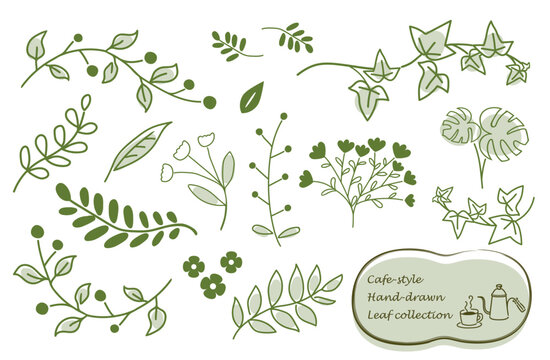 ナチュラルな手描きの観葉植物イラストセット　カフェ風