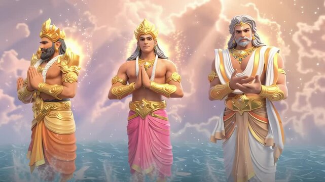 Rishis join hands in reverence and devotion in a heavenly setting, radiating spiritual unity, divine energy, and cosmic serenity.