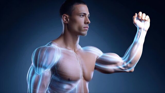 Male athlete flexing muscular arm, revealing interconnected muscle groups contracting against dark blue medical visualization backdrop