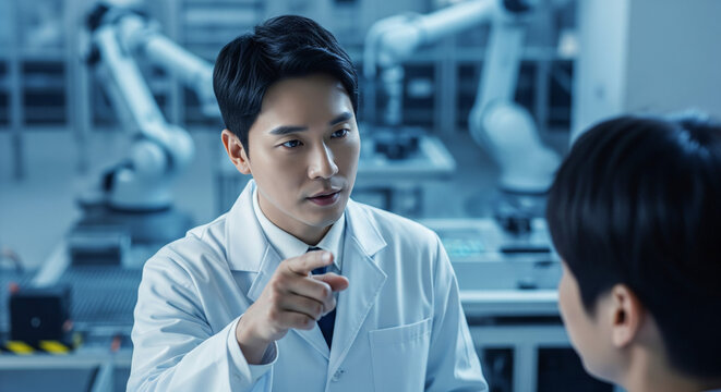 Professional in lab coat points to a colleague in a high-tech research facility with robotic arms