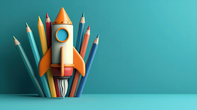 Splendid Toy rocket taking off through colorful flat clouds with a blue background cartoon style