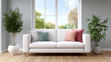 Fototapeta premium Modern living room interior with white sofa and plants