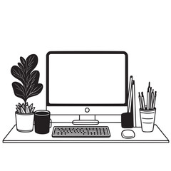 vector pencil outline illustration of desktop with a creative art studio vibe