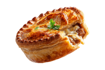Australia meat pie with minced beef and gravy and crisp flaky crust, isolated on white transparent background. Concept of homemade comfort food