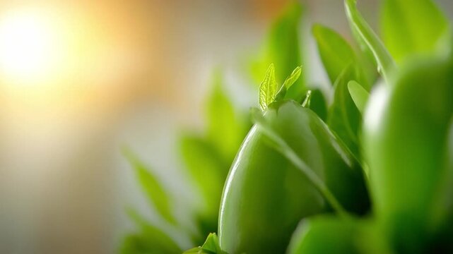 Emergence in Green: Close-up of vibrant green plants, illuminated by golden light, offering a message of growth, renewal, and the invigorating spirit of nature. 