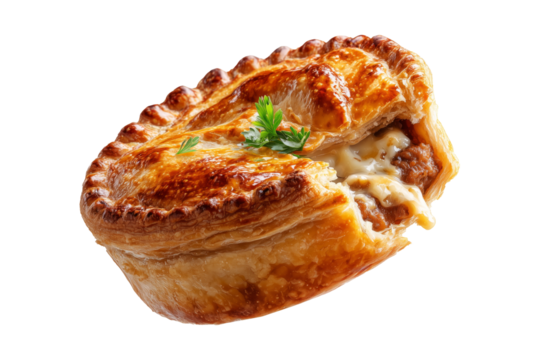 Australia meat pie with minced beef and gravy and crisp flaky crust, isolated on white transparent background. Concept of homemade comfort food