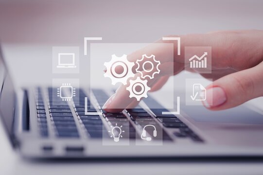 Robotic process automation, artificial intelligence concept. Man use laptop