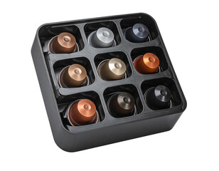  Modern Coffee Capsule Organizer with Colorful Pods transparent background.