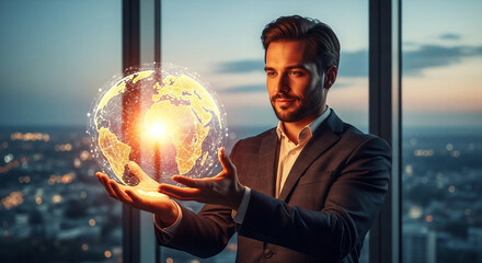 Sophisticated businessman holding glowing global network in his hands, showcasing worldwide connections and innovative technology near a window with a cityscape view