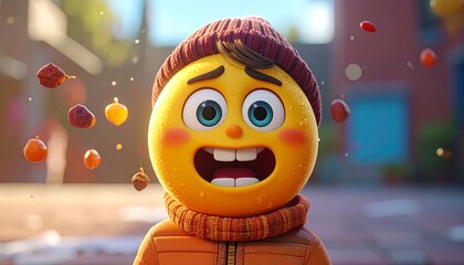 Yellow emoji with hat and scarf reacting to falling objects