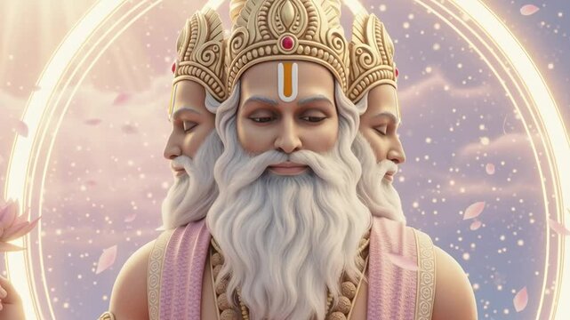 Vedic Sage Brahma with a radiant halo and four hands offers blessings, radiating divine wisdom, spiritual power, and celestial presence.