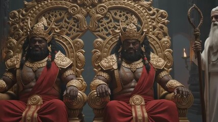 A wise sage approaches twin Asura kings in a temple hall, radiating calm authority, wisdom, and epic tension.