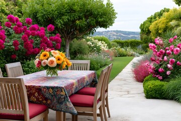 Fototapeta premium Outdoor dining table set with vibrant garden flowers