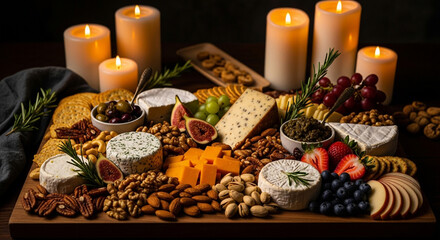 Elegant charcuterie board with gourmet cheeses, fruits, and nuts illuminated by candlelight for a sophisticated gathering or special occasion