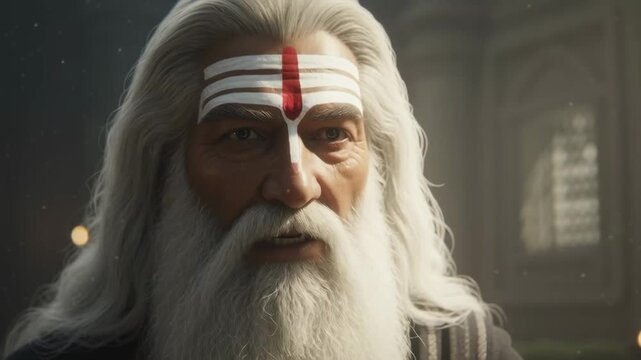 A wise rishi with a white beard speaks inside a Vedic temple, radiating knowledge, spirituality, and divine authority.